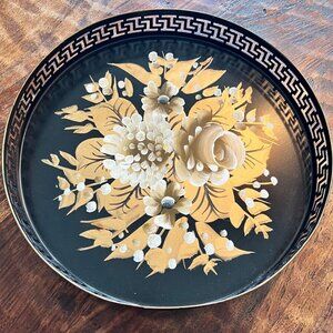 Vintage Hand-Painted Black & Gold Floral Metal Tray Greek Key Design